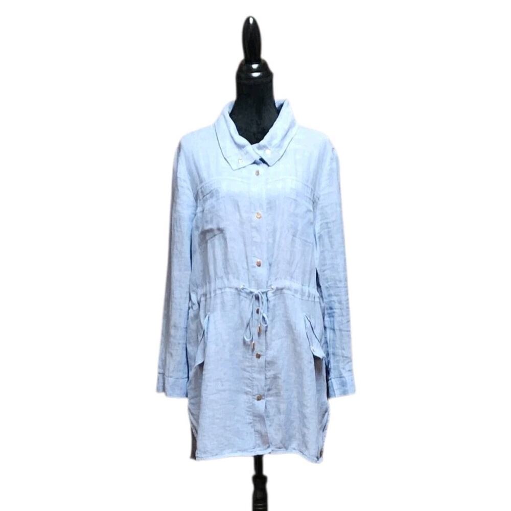 Chico’s 3 Cross Dye Blue Linen Drawstring Utility Lightweight Jacket Size XL 16